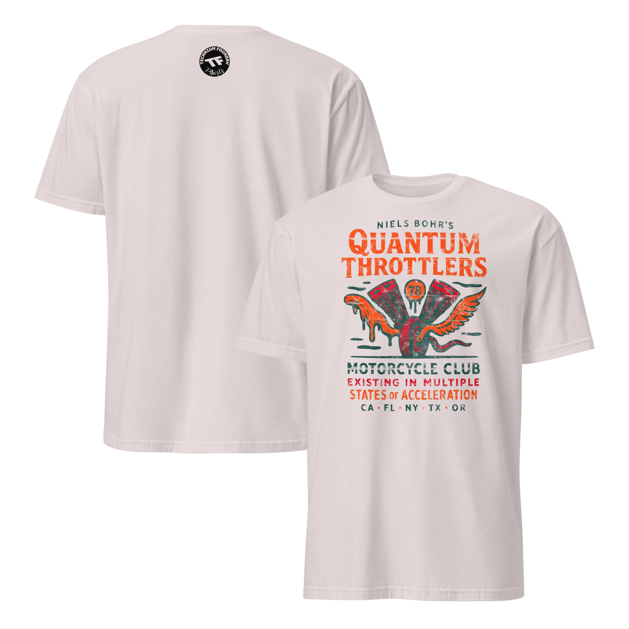 Niels Bohr Quantum Throttlers Motorcycle Club T-Shirt showcasing a winged V-twin engine design with text, in cream color.