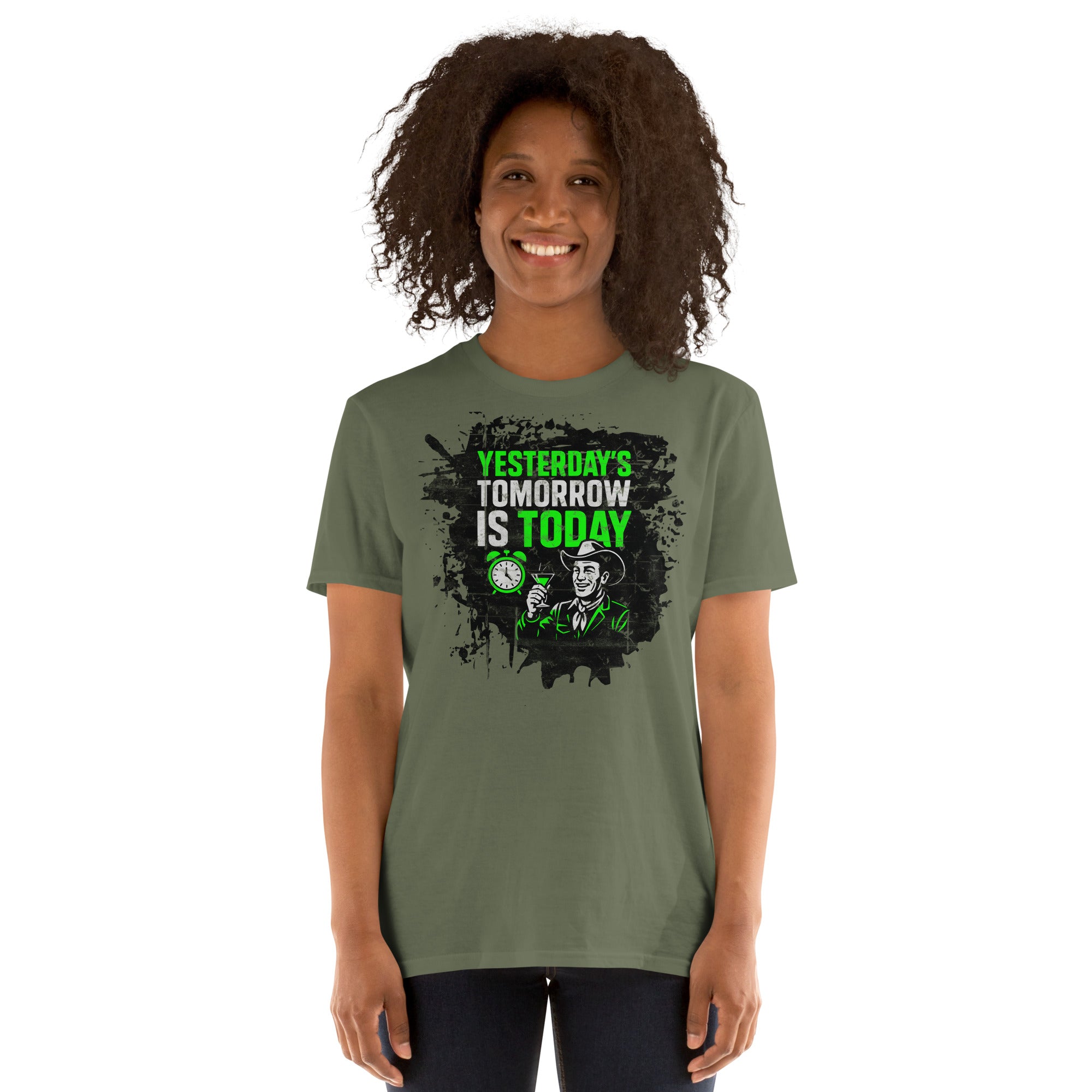 Person wearing 'Yesterday's Tomorrow Is Today' t-shirt with dystopian design and distressed typography.