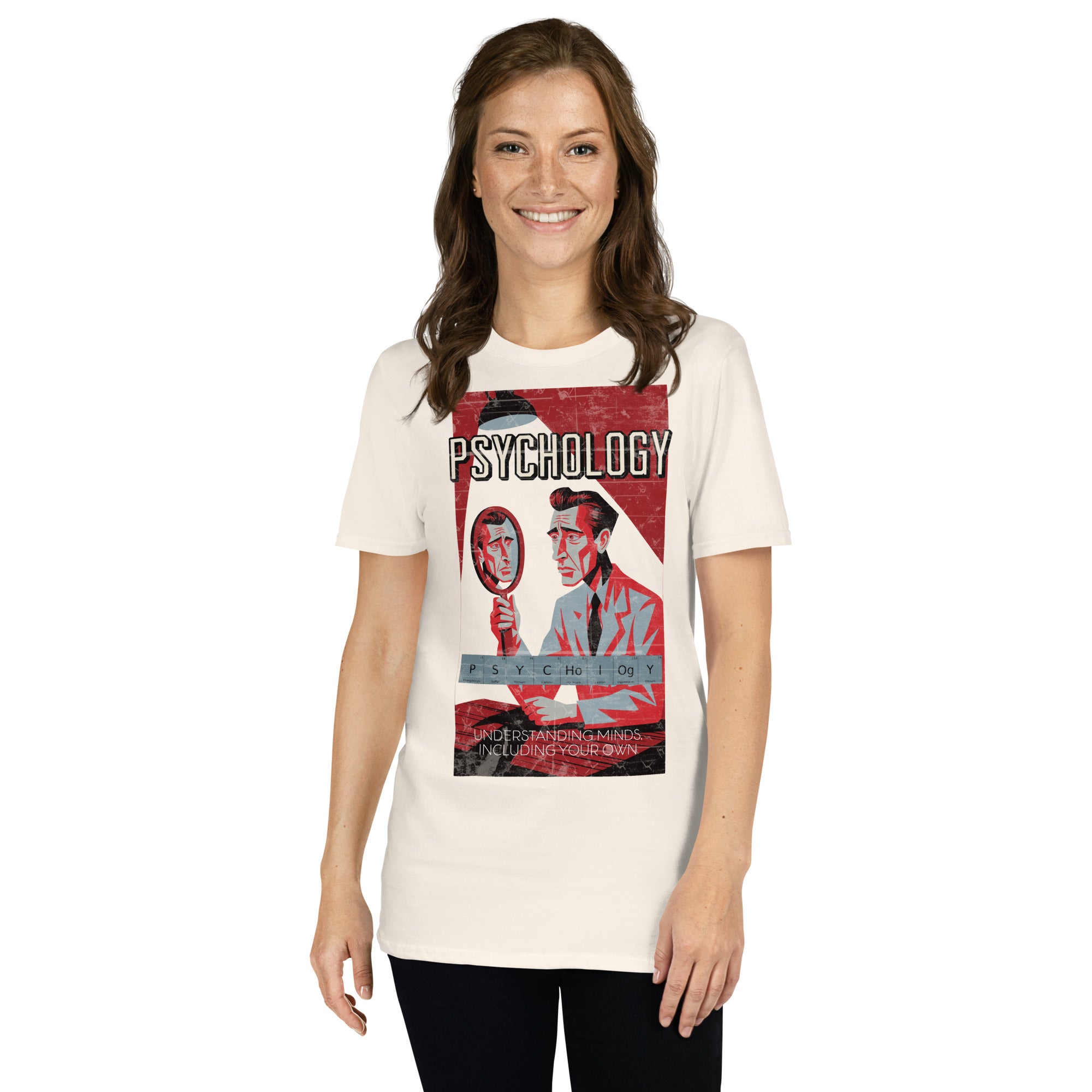Woman wearing vintage style 'Psychology: Understanding Minds' t-shirt, featuring a retro design with a person holding a magnifying glass.