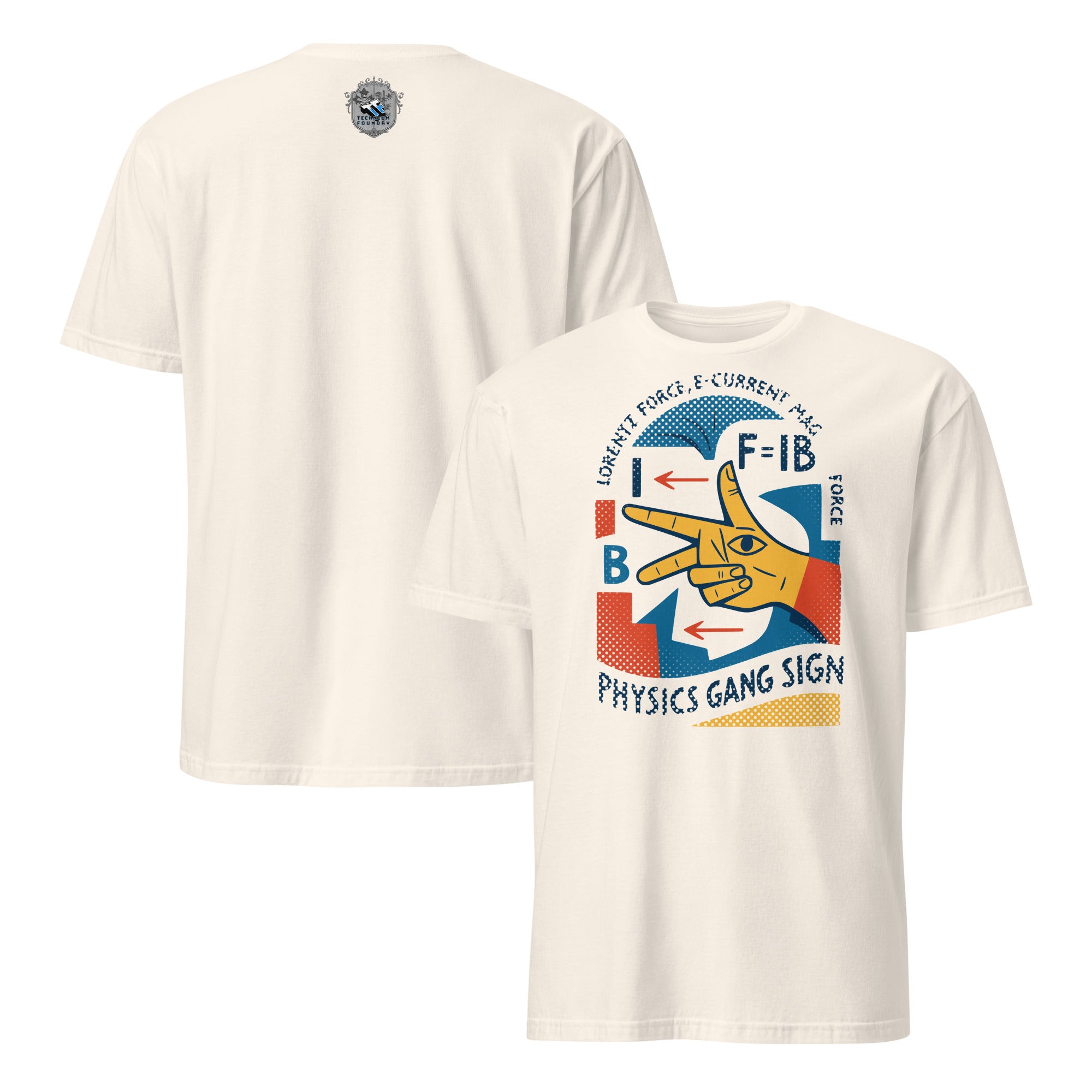 Physics Gang Sign T-Shirt featuring right-hand rule electromagnetic design and scientific formulas.