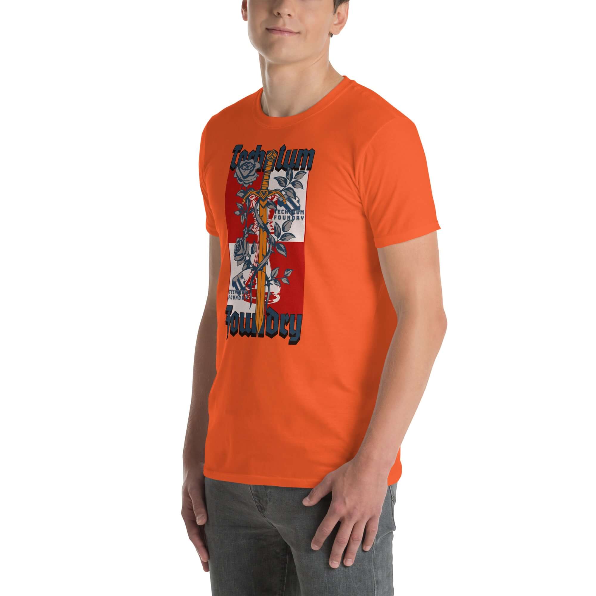 Vibrant orange Technium Foundry logo t-shirt with intellectual emblem, worn by model, ideal for creative and intellectual expression.