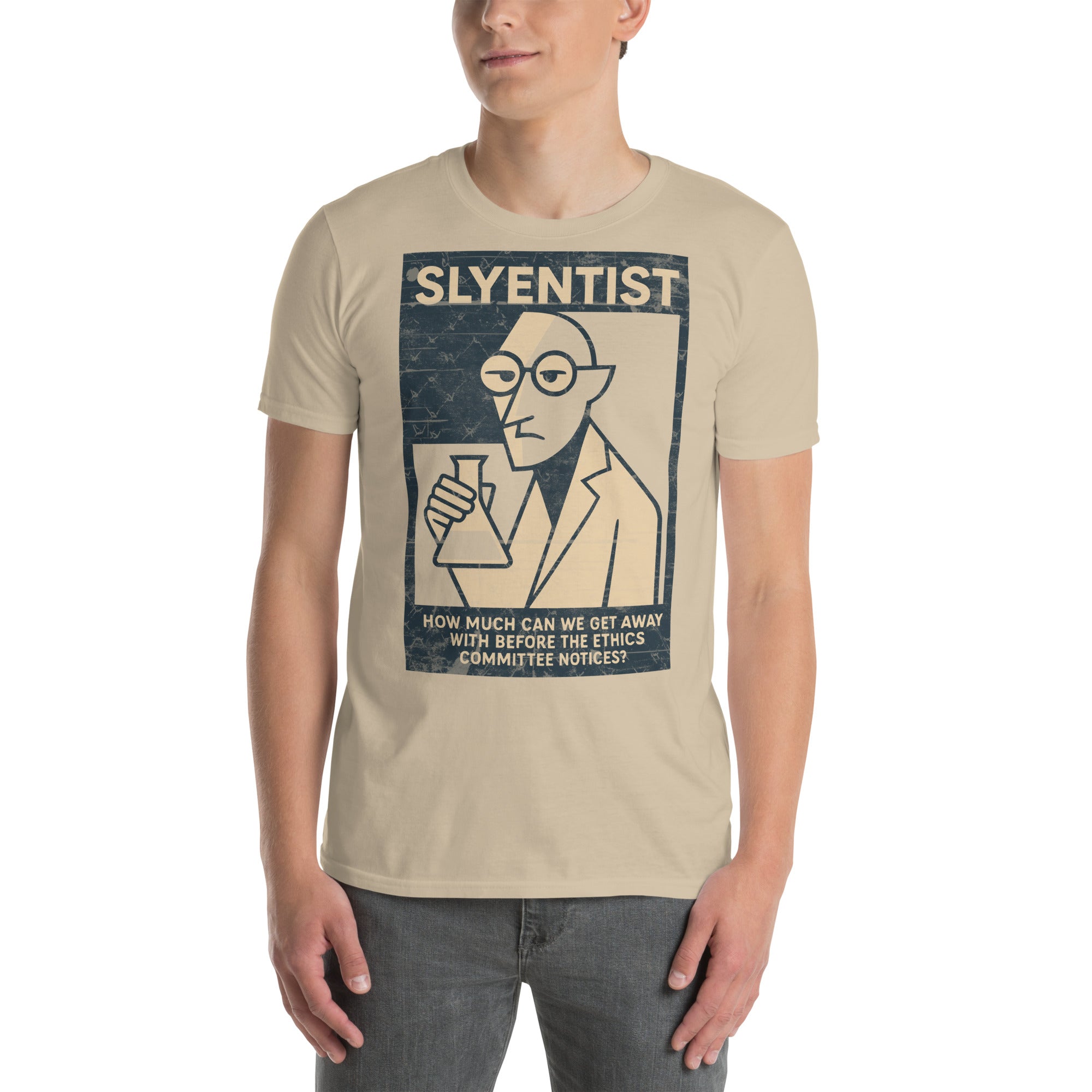 Person wearing "Sly-entist" T-shirt featuring humorous scientist graphic, beige color