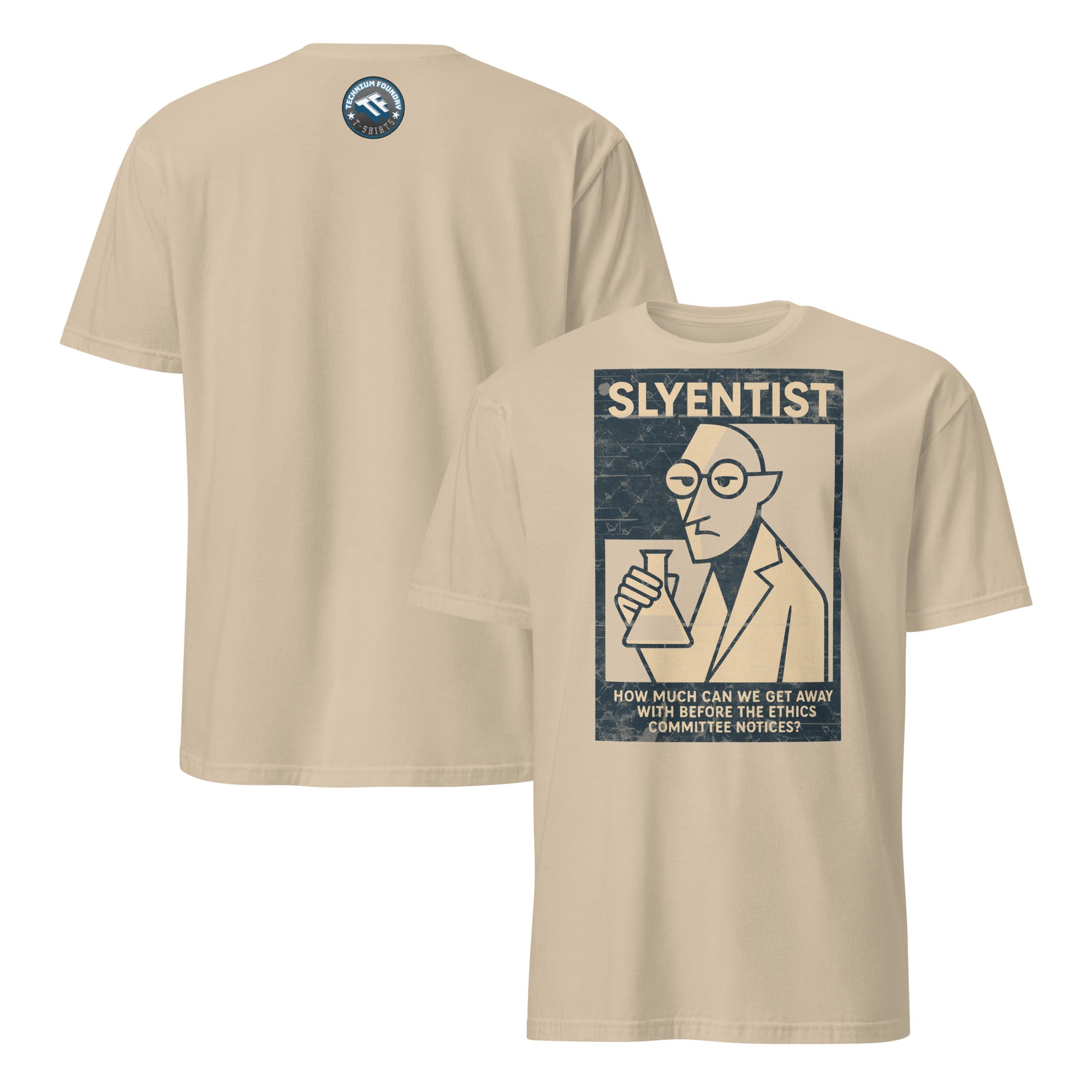 "I Am A Sly-entist" T-shirt with scientific humor design in beige, featuring a cartoon scientist and wordplay graphic.