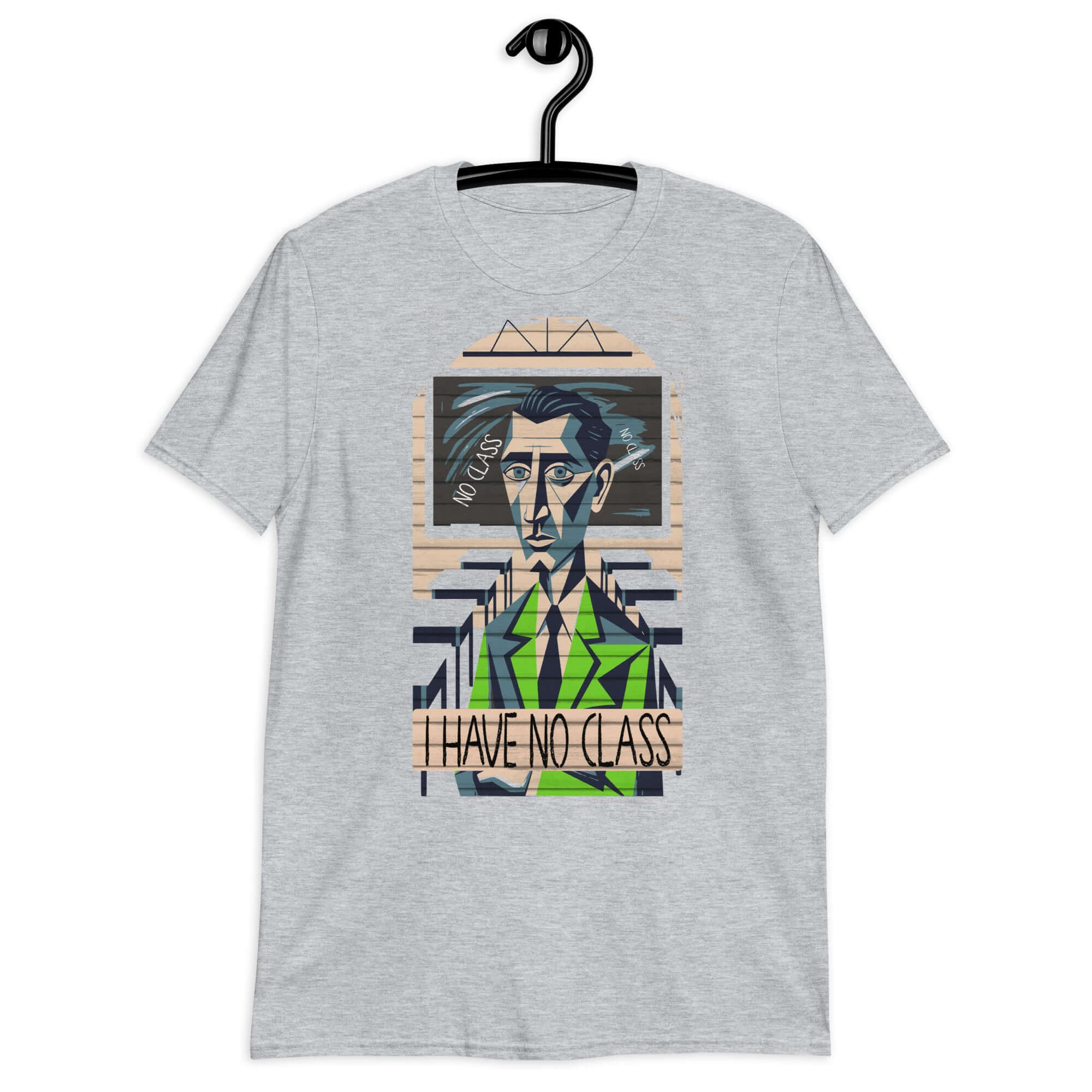 Alt Tag: "I Have No Class T-Shirt featuring cubist design with humor on empty classrooms and teaching, grey color."