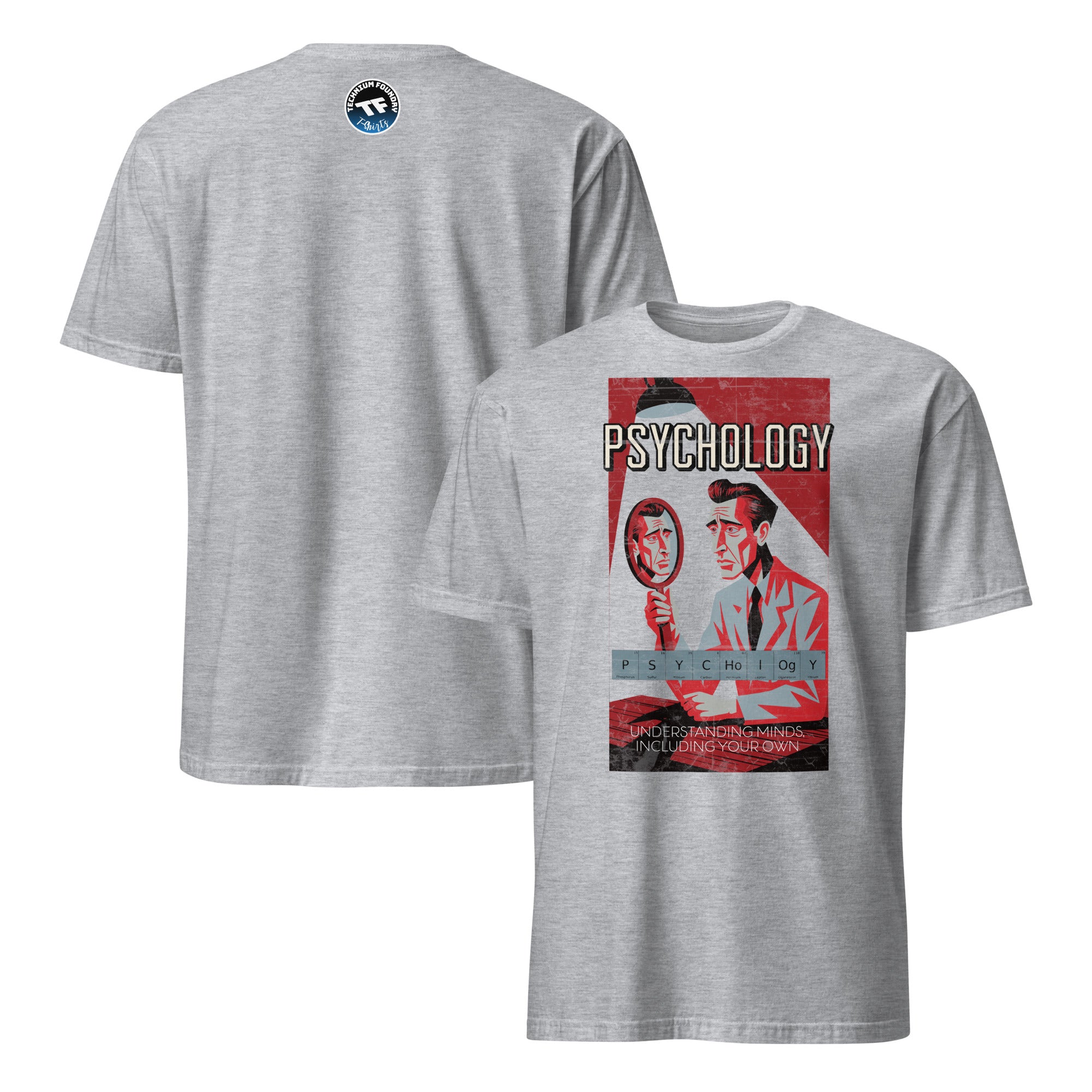 Psychology T-Shirt with vintage research art and text 'Understanding Minds Including Your Own' in gray and red design.