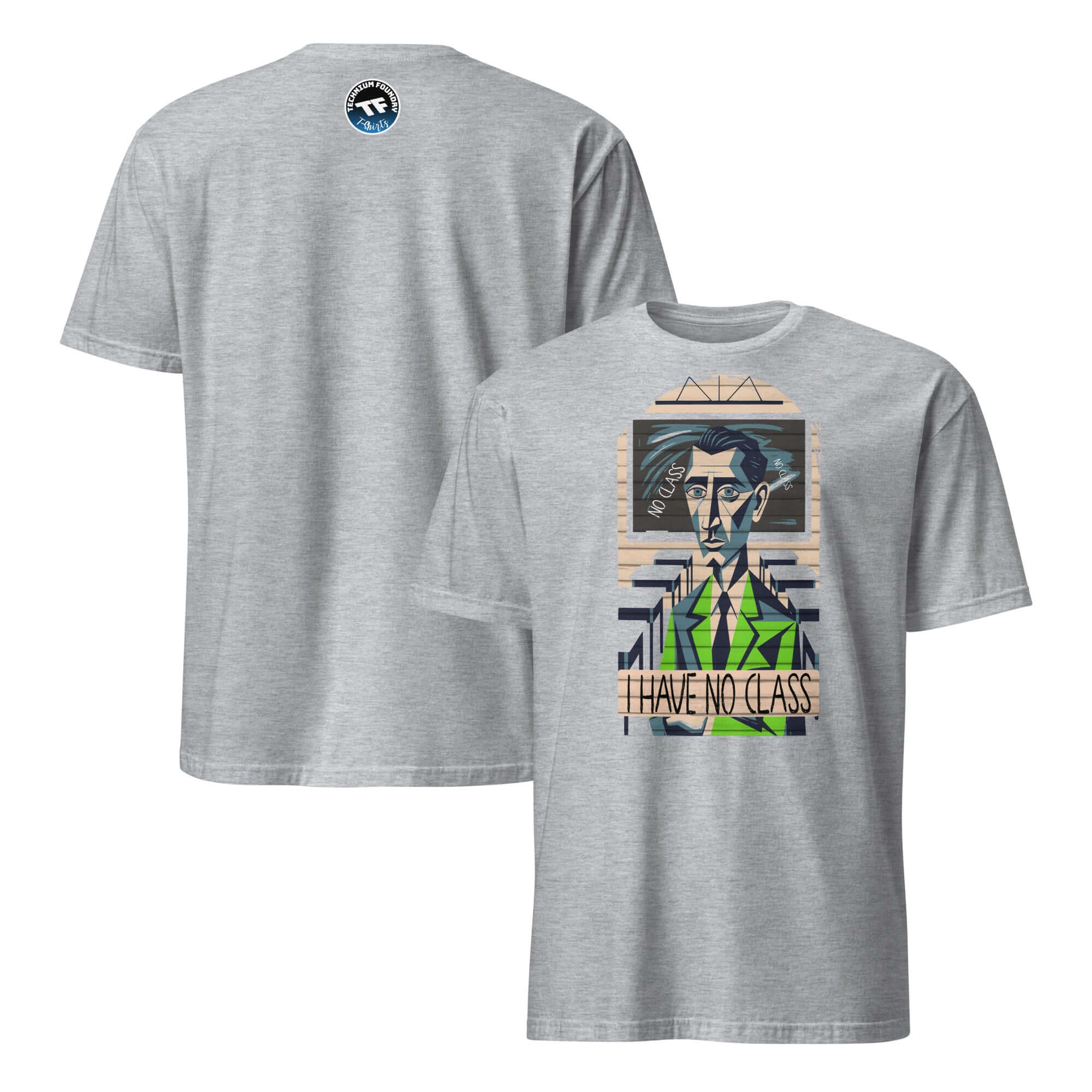 Humorous 'I Have No Class' T-shirt with cubist design, highlighting educational themes amid an empty classroom crisis.