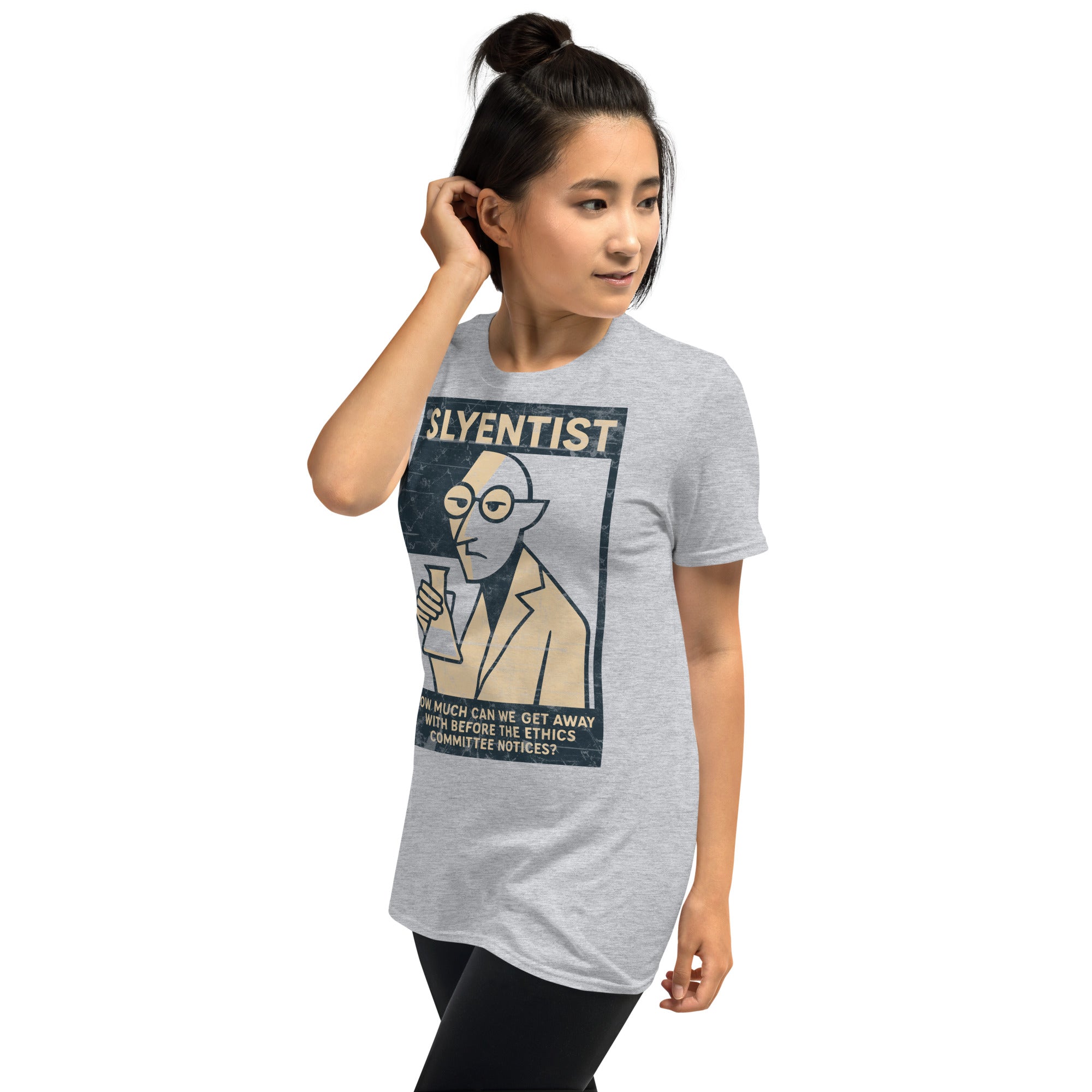 Woman wearing a gray "I Am A Sly-entist" T-shirt featuring scientific humor and minimalist design.