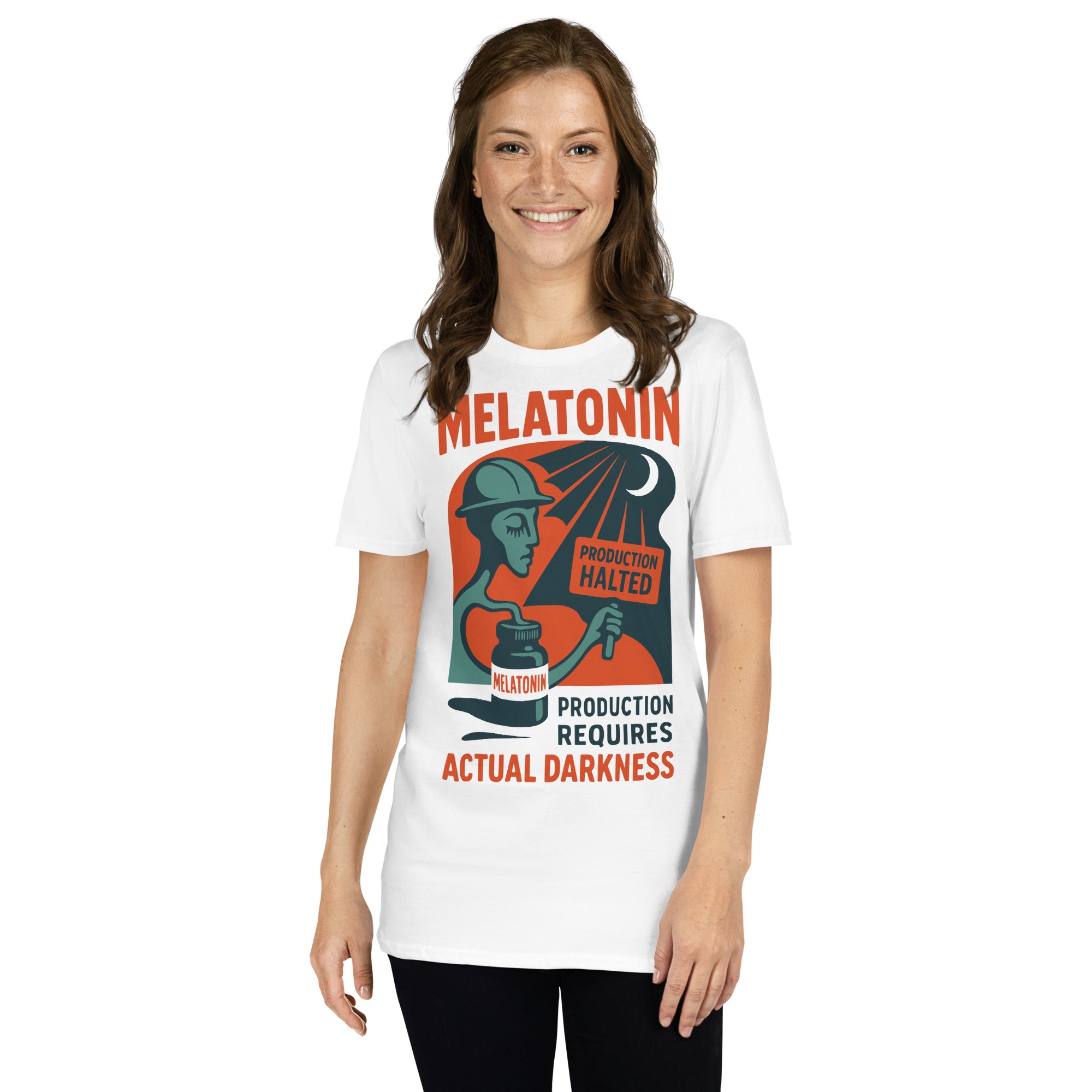 Woman wearing white T-shirt with Melatonin design, text: 'Production Requires Actual Darkness.'