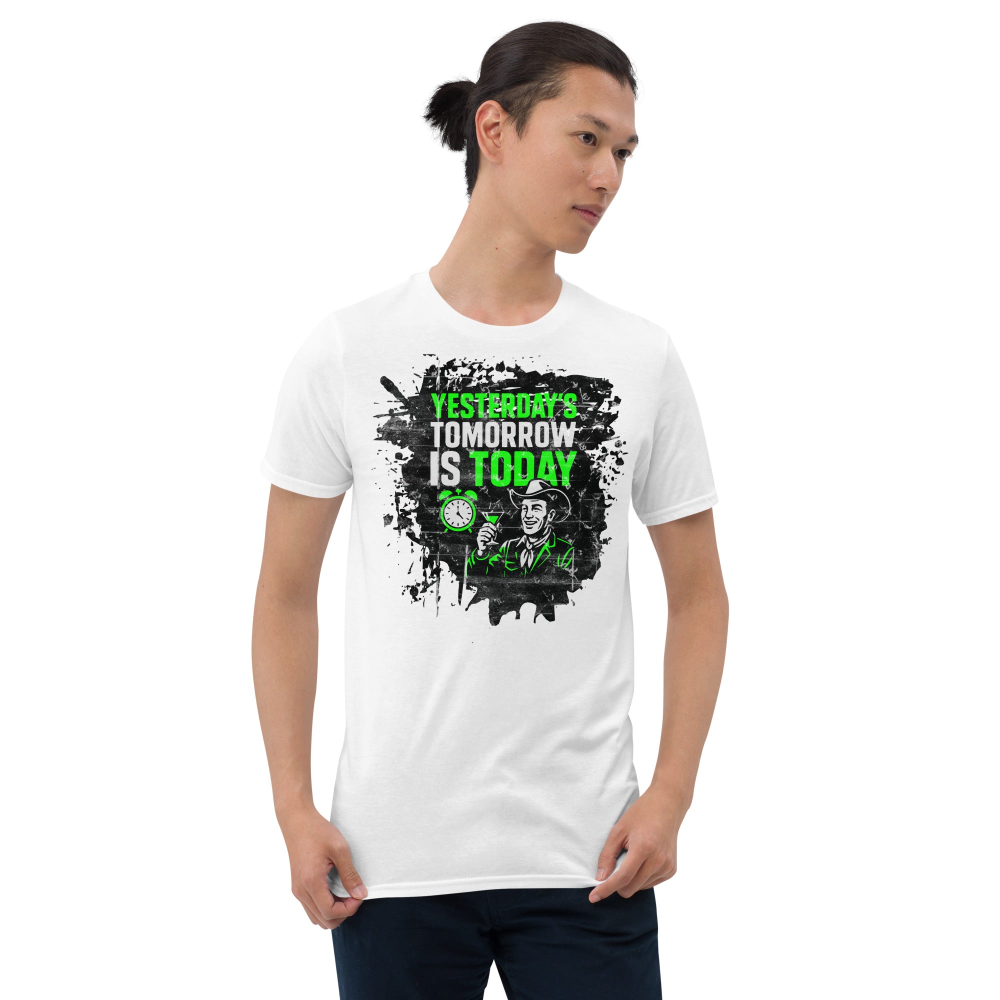 Man wearing "Yesterday's Tomorrow Is Today" T-shirt with dystopian design in black and green text.