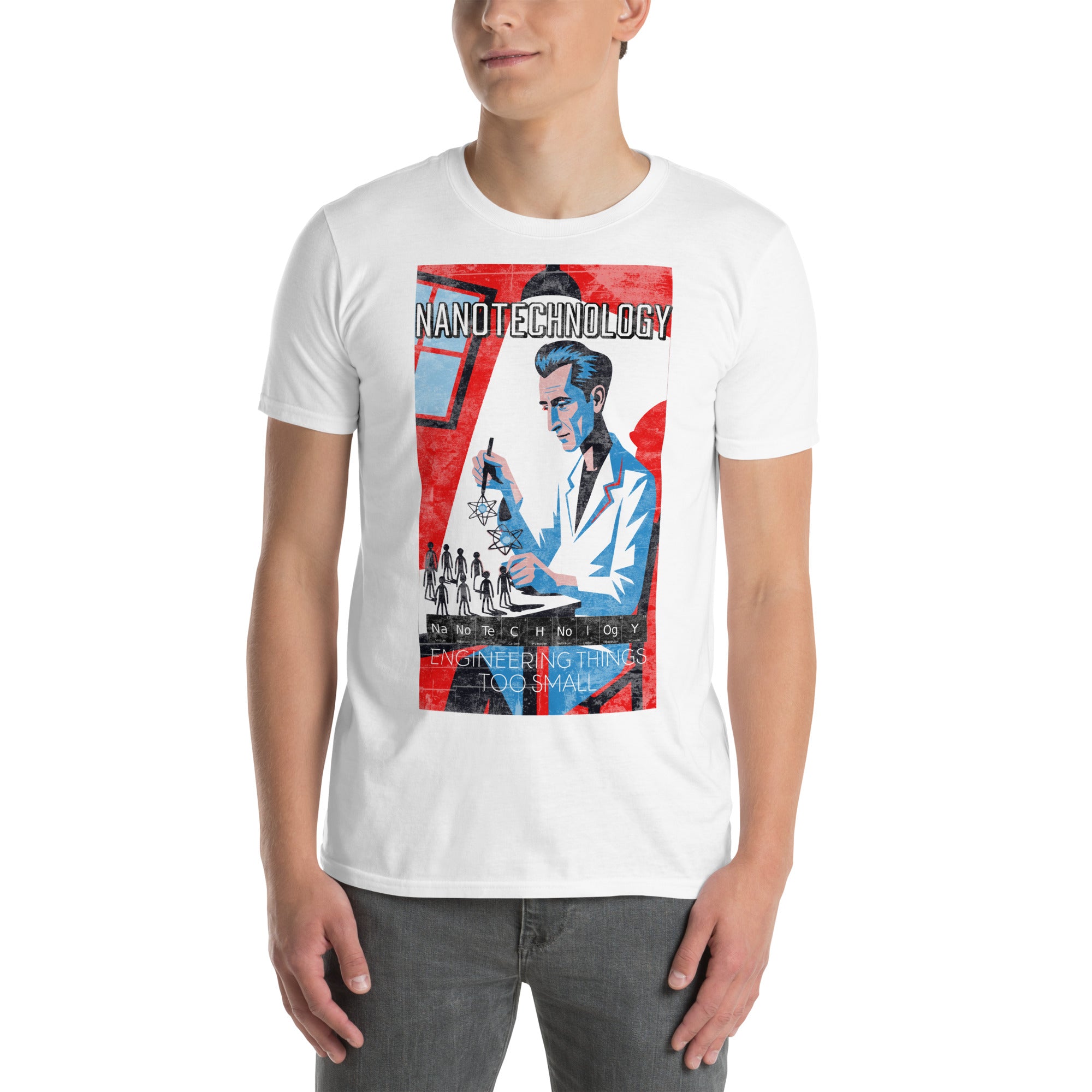 Nanotechnology T-Shirt featuring vintage scientific artwork on white fabric