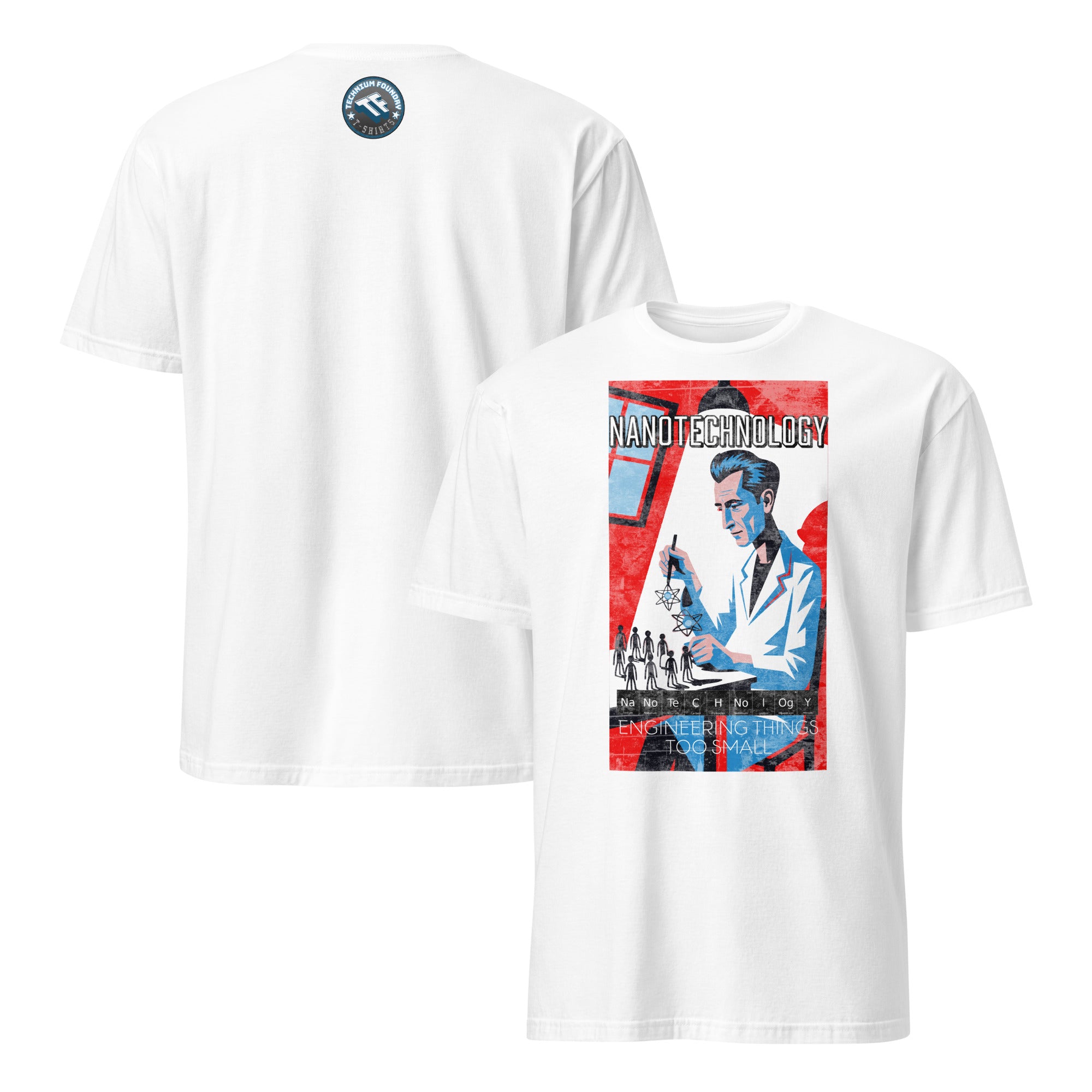 Nanotechnology T-shirt with vintage molecular workshop design, celebrating precise engineering of atoms, front and back view.