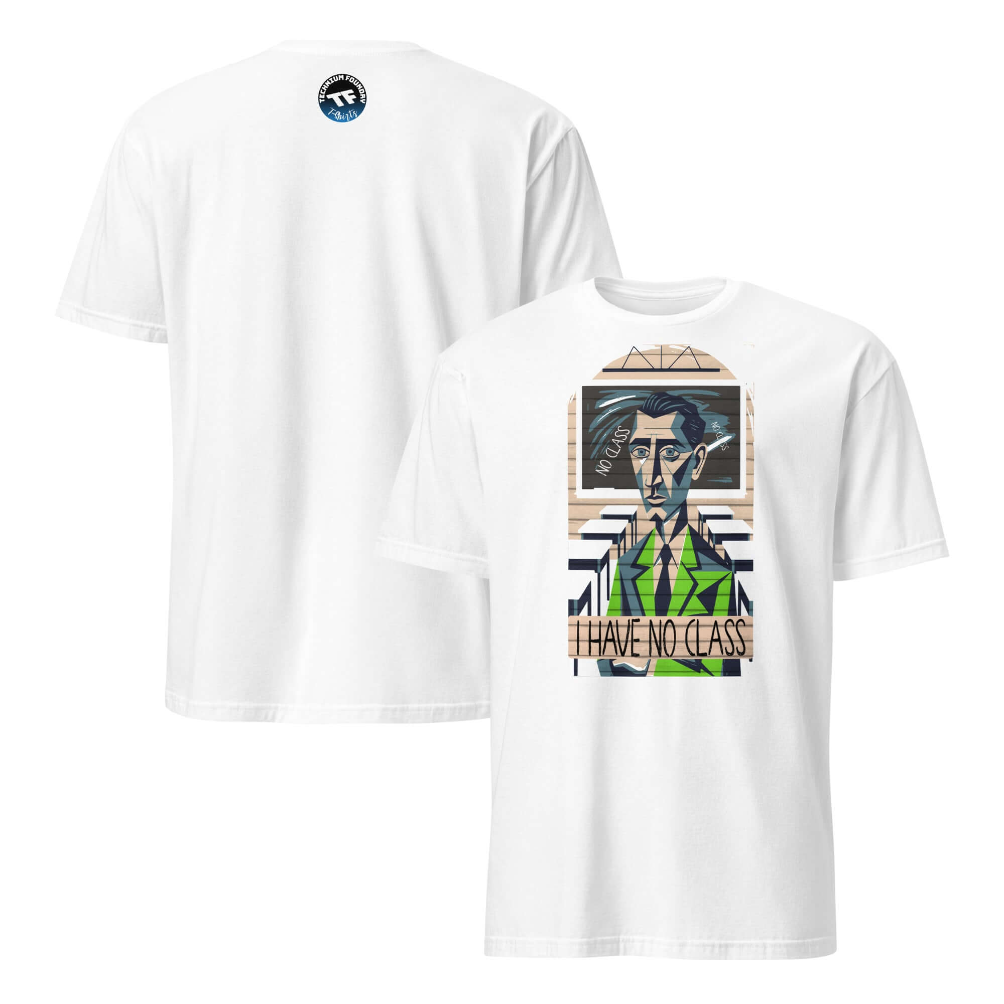 "I Have No Class" T-Shirt featuring cubist design of professor and empty classroom, humor apparel for educational satire.