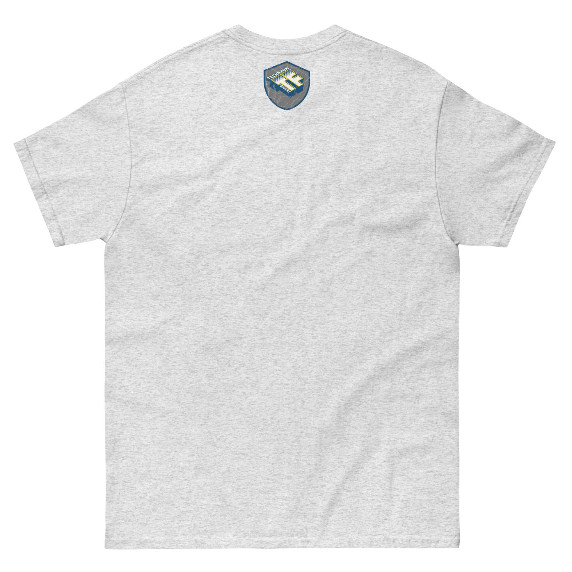 Alt Tag: Back view of olive-green T-shirt featuring CERN cube logo, merging particle physics with fashion. Science-inspired apparel.