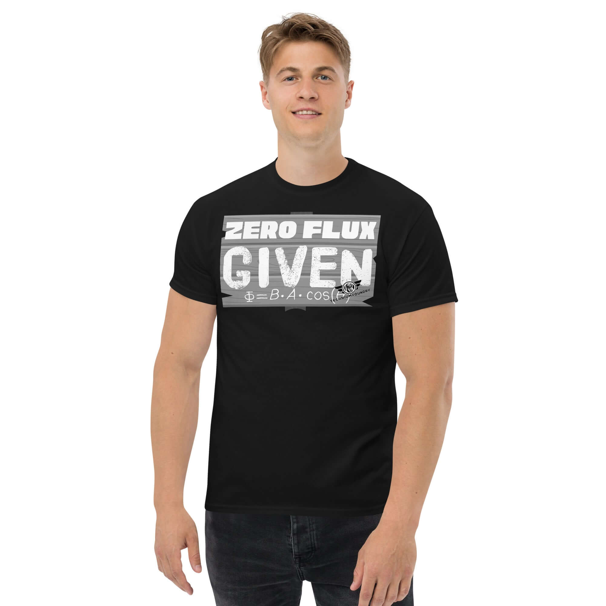 Man wearing 'Zero Flux Given' t-shirt featuring magnetic field equation in chalkboard style, scientific humor clothing.