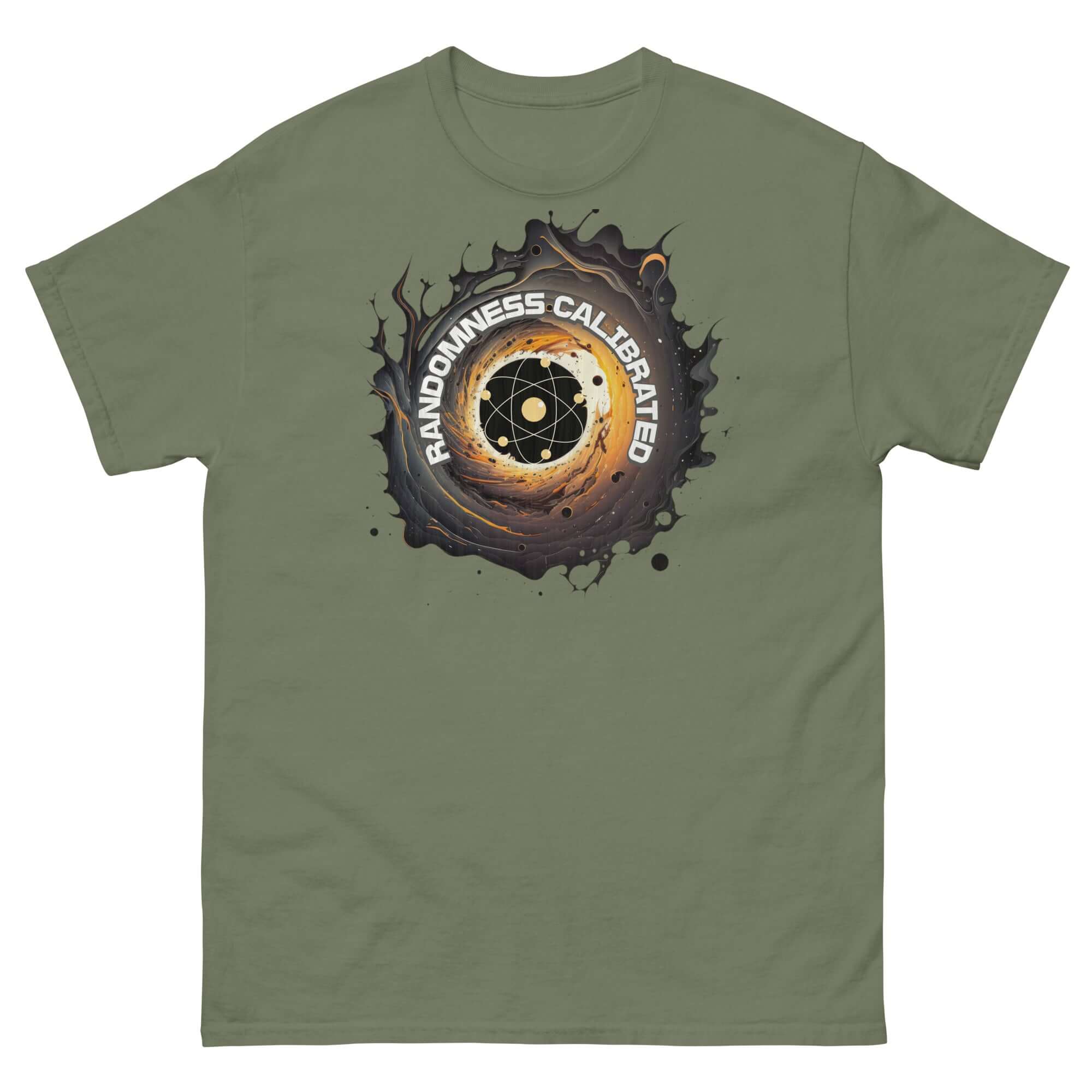 Quantum Physics T-Shirt with Randomness Calibrated atom design on green fabric, featuring spiral atomic symbol and text.