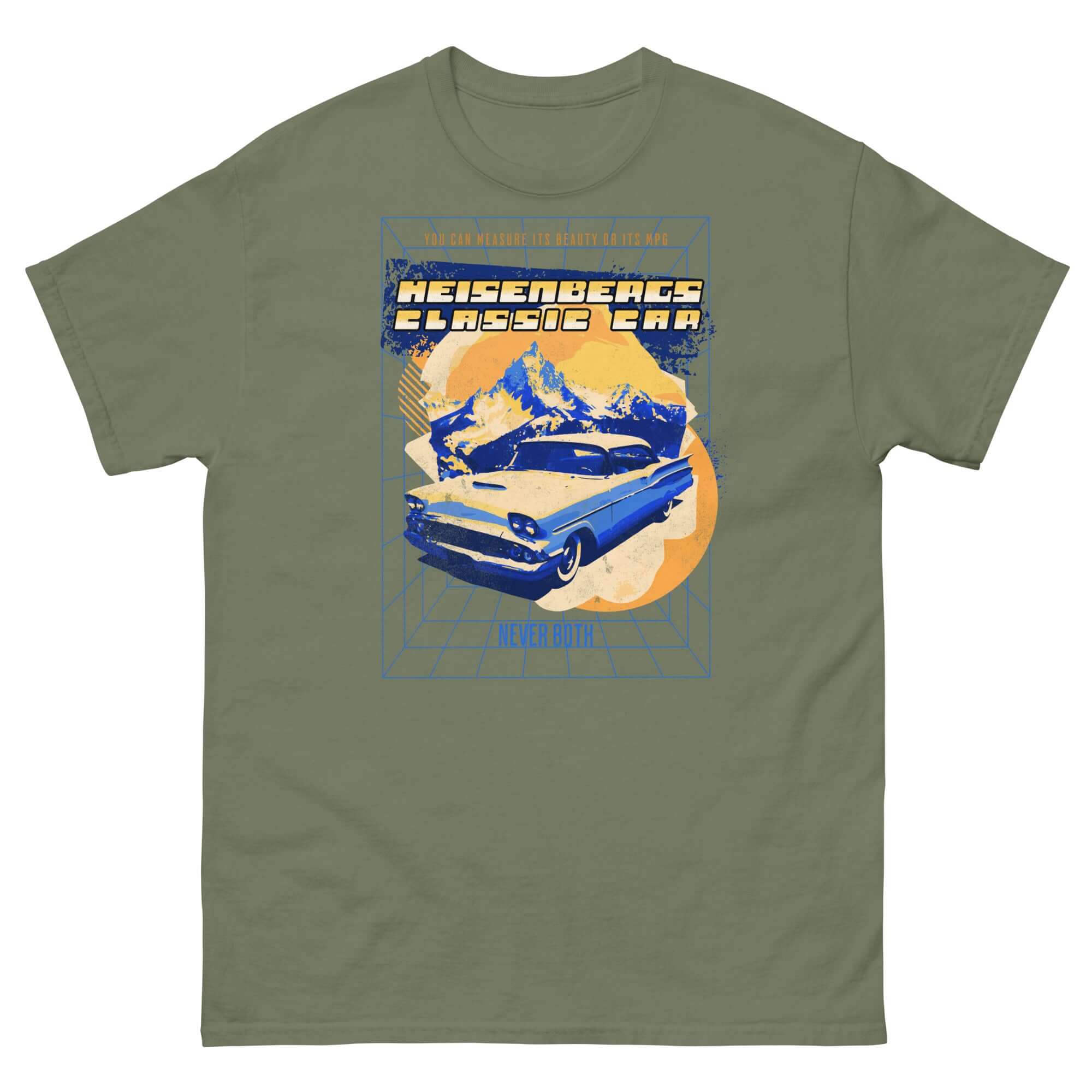 Green t-shirt with a retro '58 Impala design, inspired by quantum mechanics, featuring Heisenberg's Classic Car logo.