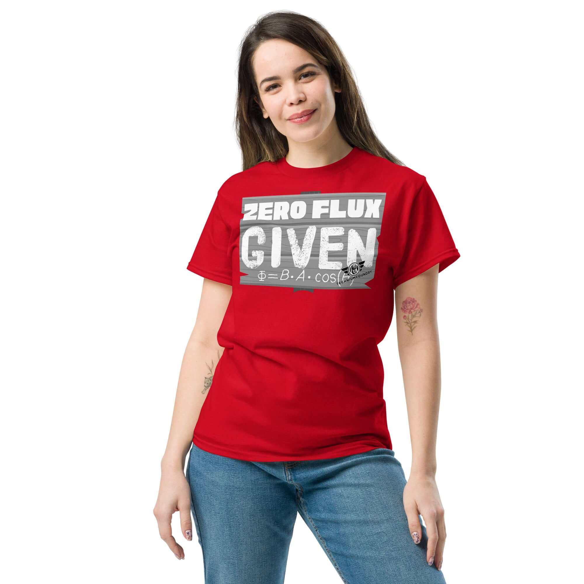 Woman wearing red 'Zero Flux Given' t-shirt with magnetic flux equation for scientific humor.