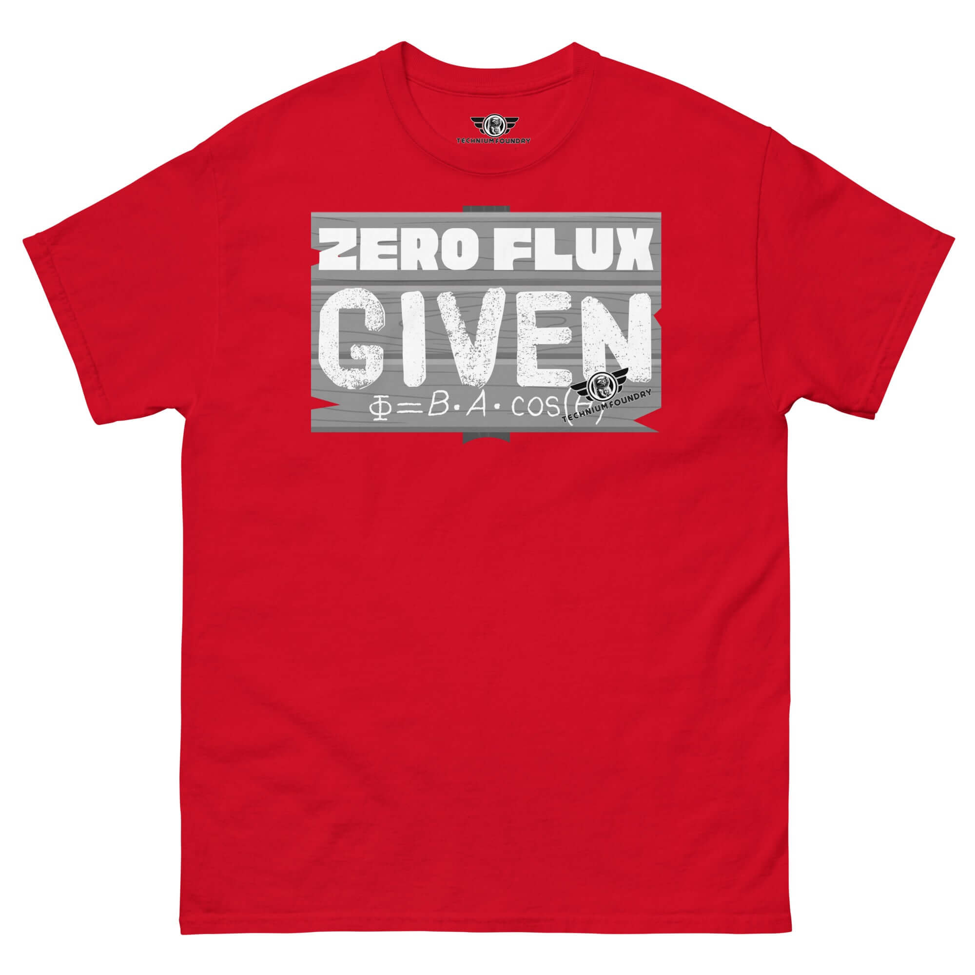 Red "Zero Flux Given" t-shirt with magnetic field equation in chalkboard style, combining scientific humor and physics theme.