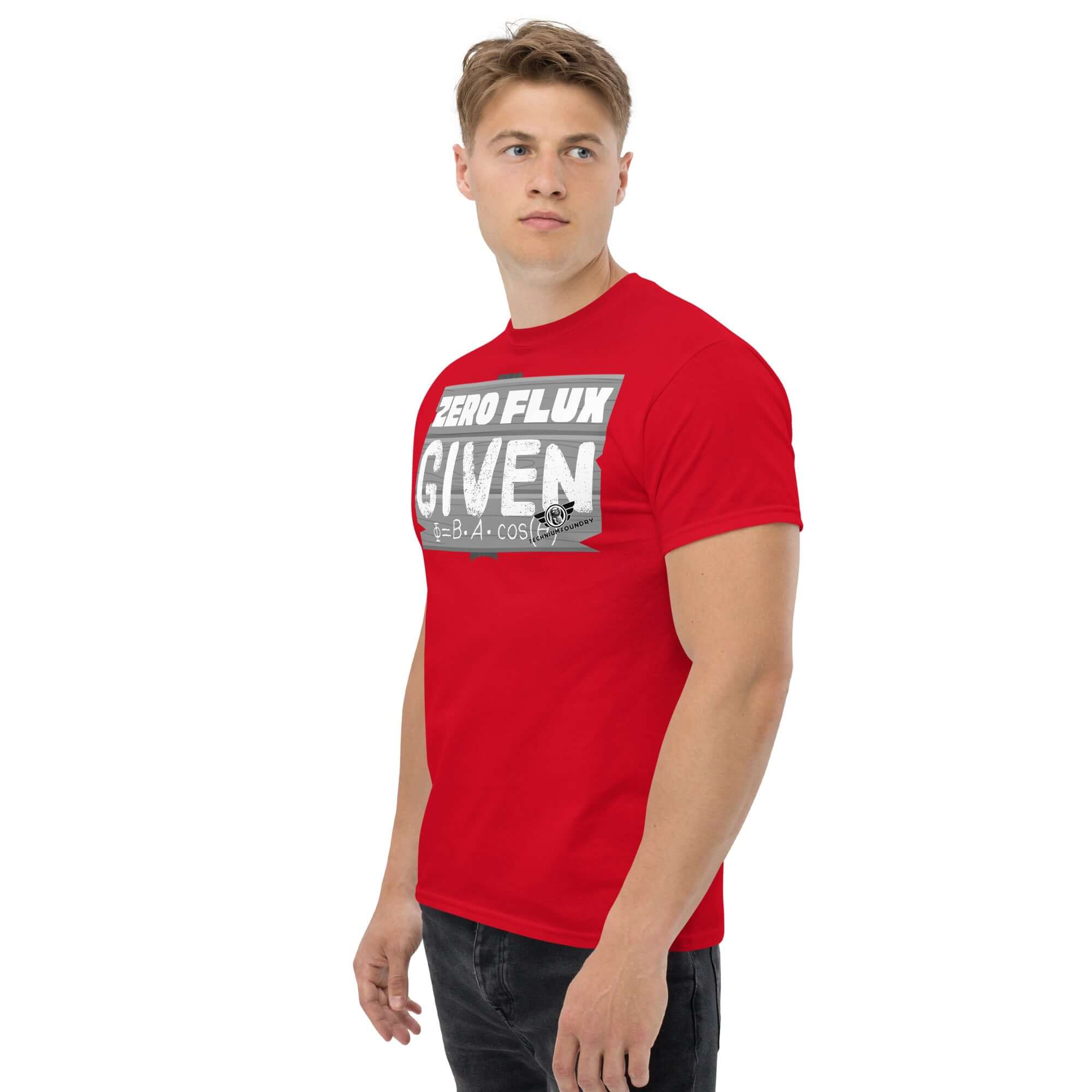 Man wearing a red 'Zero Flux Given' t-shirt with magnetic field equation design, blending scientific humor and physics.