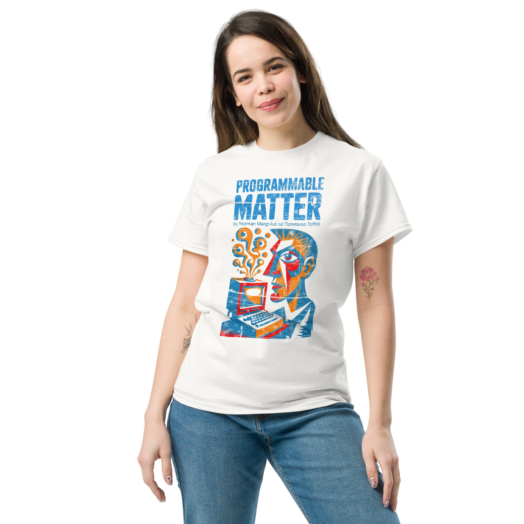 Alt Tag: Person wearing a white Computronium Programmable Matter T-Shirt showcasing a colorful abstract design inspired by theoretical physics concepts.