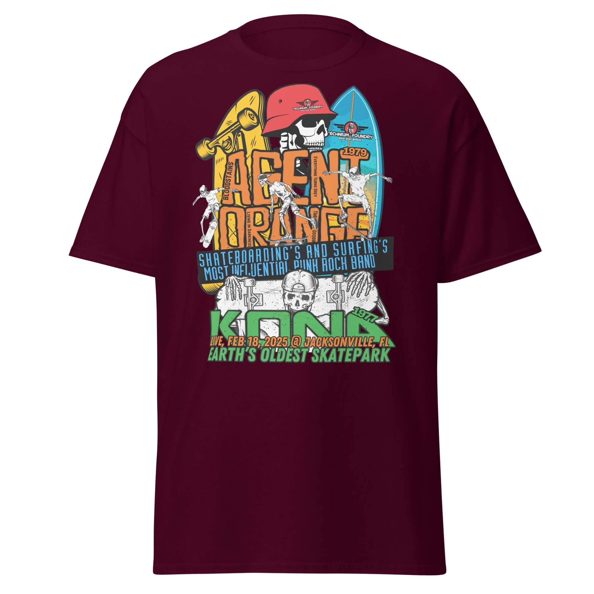 Unisex Agent Orange Kona Skatepark Concert Tee with skull and skateboard graphic, Feb 18 Limited Edition T-Shirt.