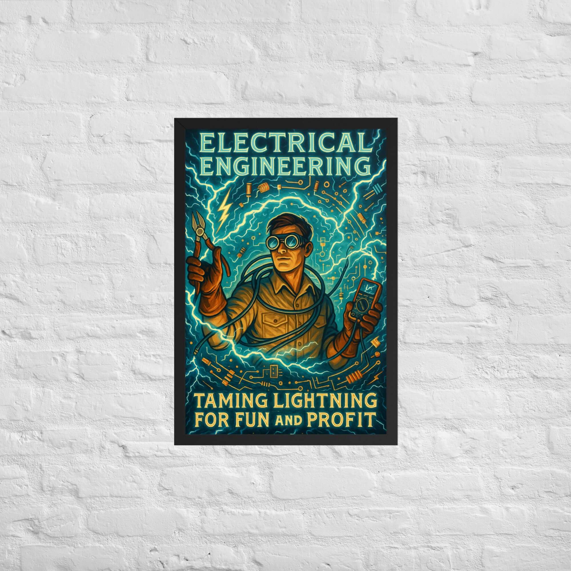 Vintage Electrical Engineering poster titled 'Taming Lightning for Fun and Profit' with electrifying design elements.
