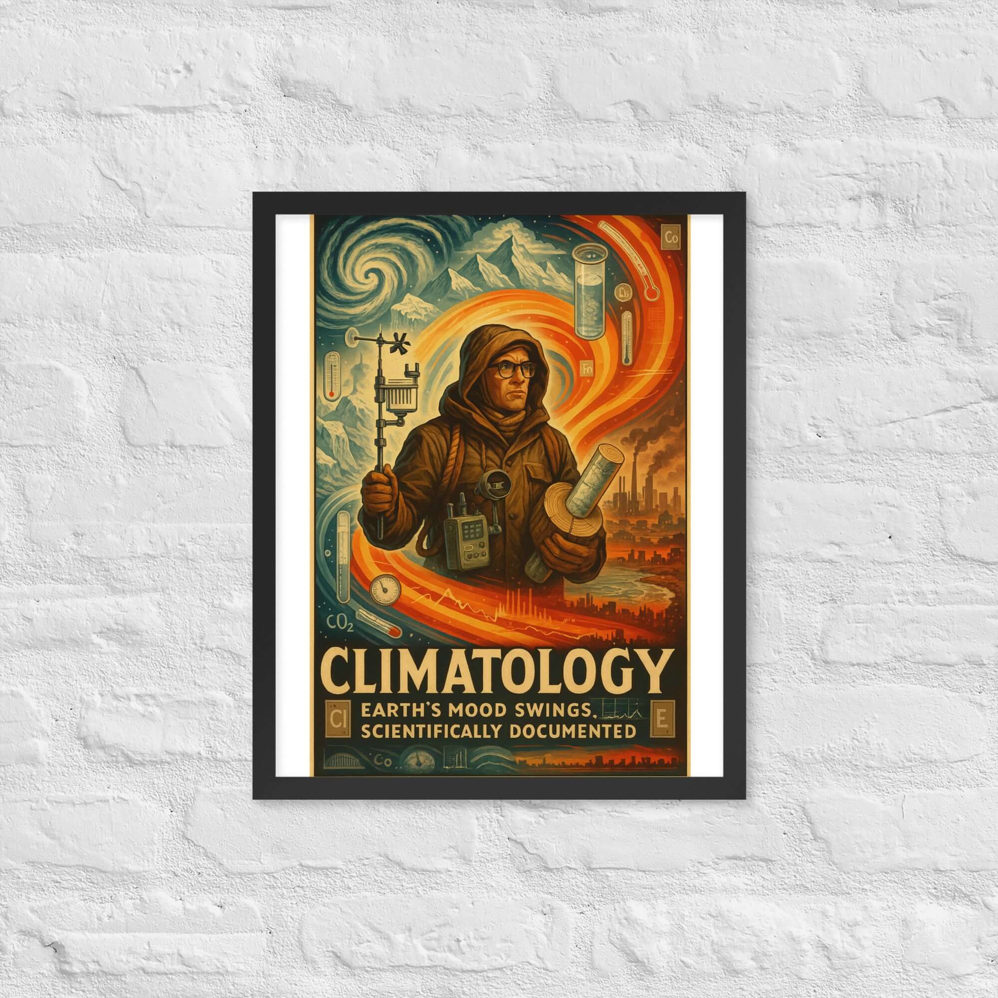 Vintage "CLIMATOLOGY: Earth's Mood Swings" poster depicting climatic changes with scientific instruments and nature elements.