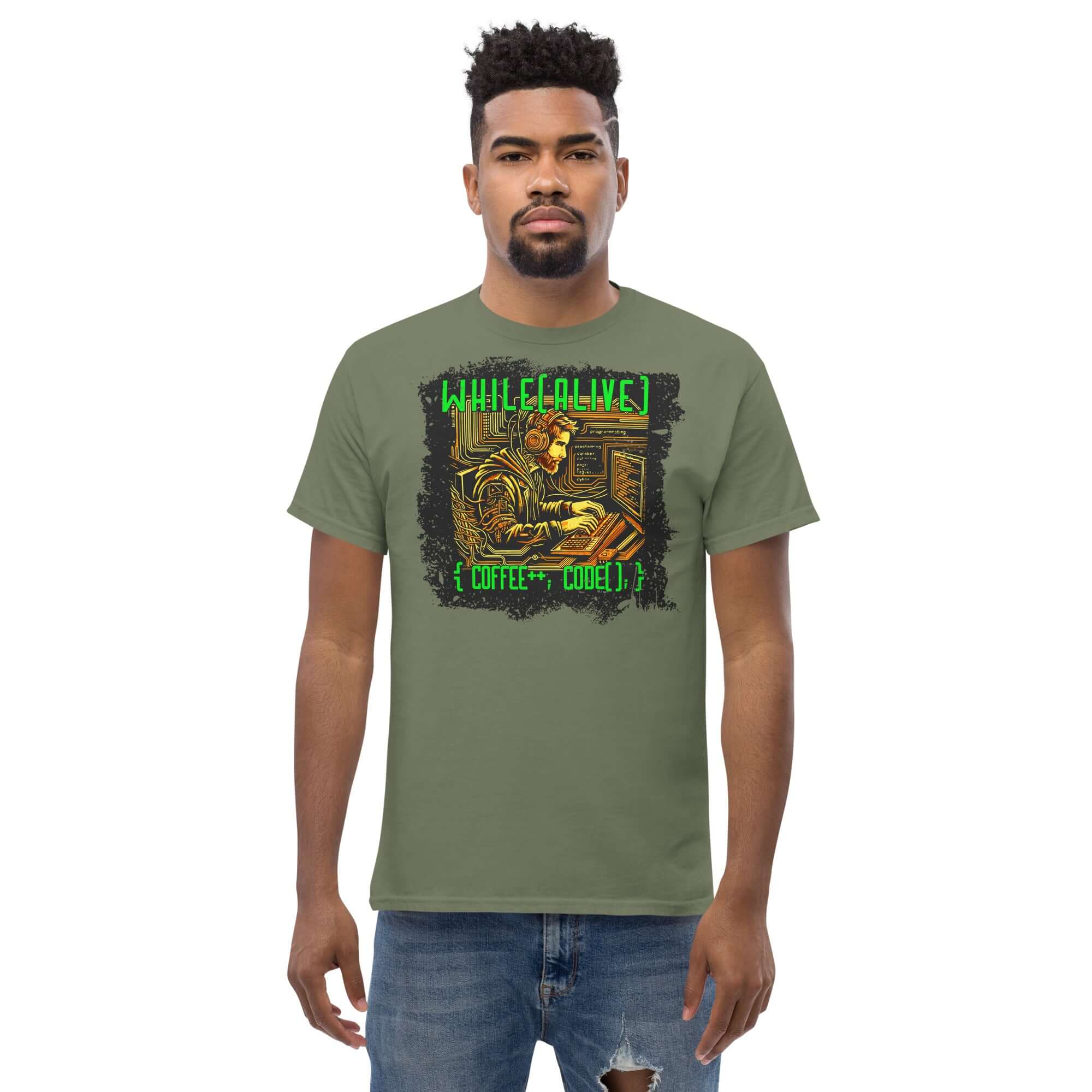 Green While(alive) Programmer T-Shirt featuring retro-tech design with coffee and coding theme, worn by a model.