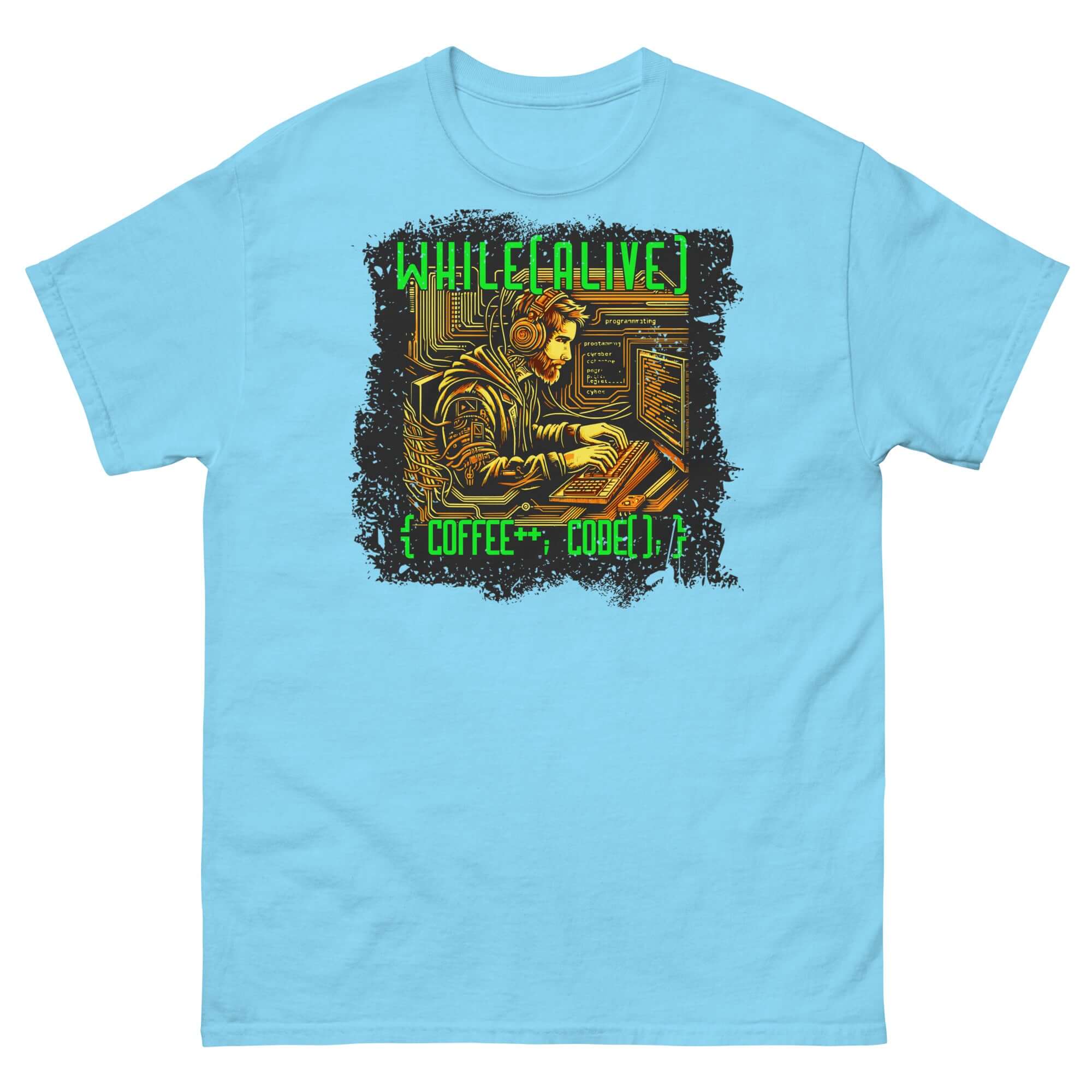 While(alive) Programmer T-Shirt with retro tech design, featuring a coder in a caffeine loop. Fun code and coffee humor tee.