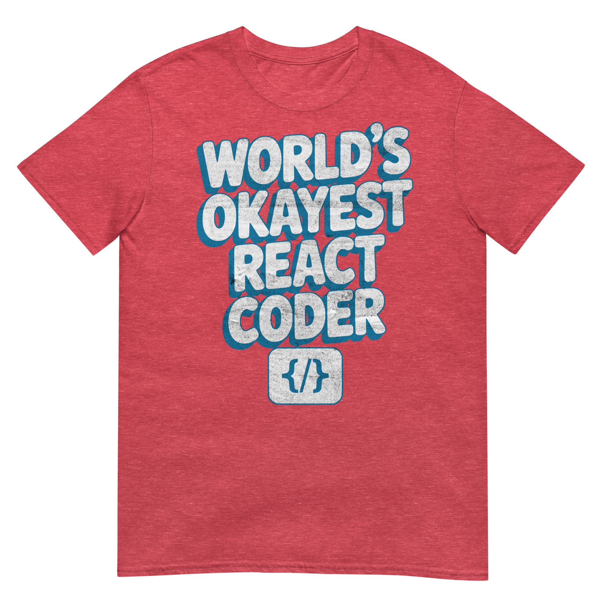 Red t-shirt with 'World's Okayest React Coder' text, perfect for React developers and front-end programming humor enthusiasts.