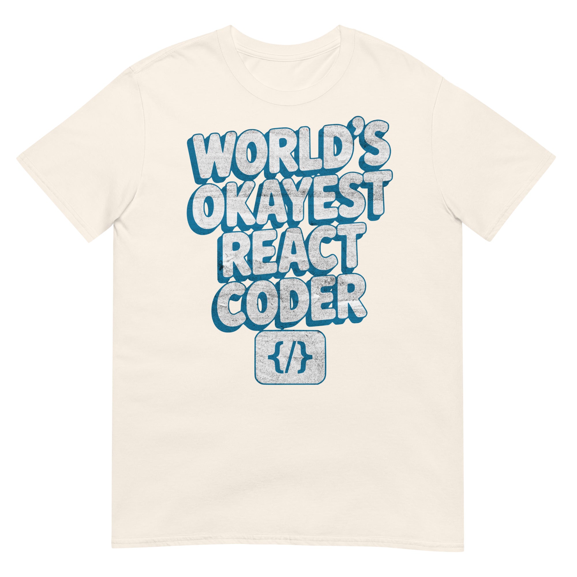 Funny React Coder T-Shirt with 'World's Okayest React Coder' text and coding graphic, perfect for front-end developers