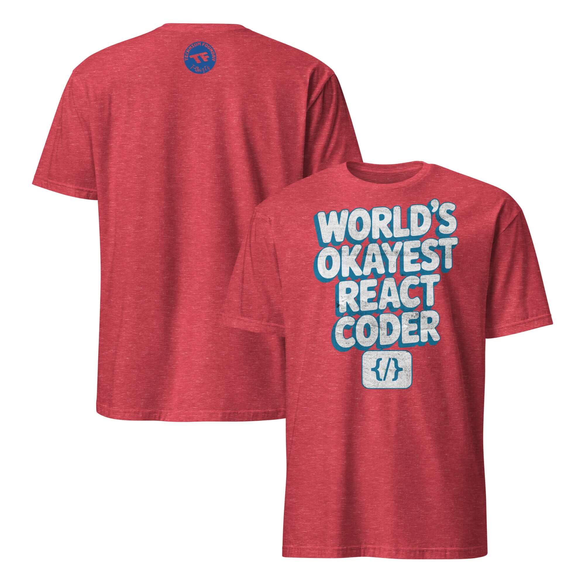 Red t-shirt with 'World's Okayest React Coder' text for React developers, front-end programming humor apparel.