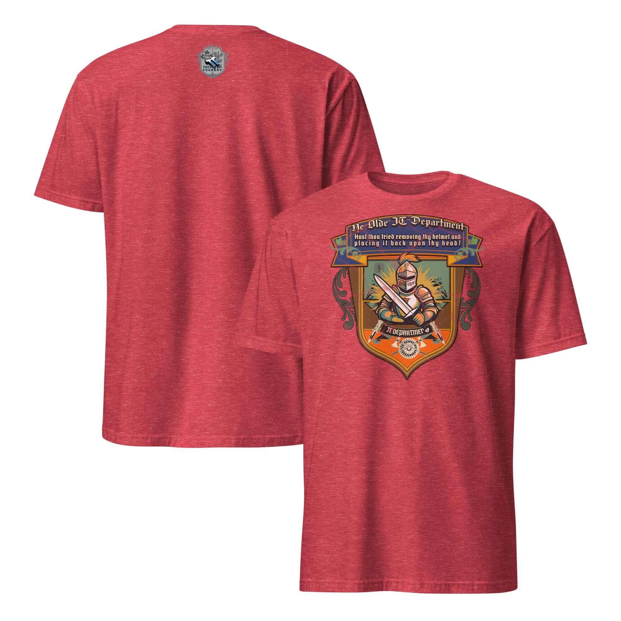 Ye Olde IT Department T-Shirt featuring medieval knight and tech support humor in red. Perfect for historical and tech enthusiasts.
