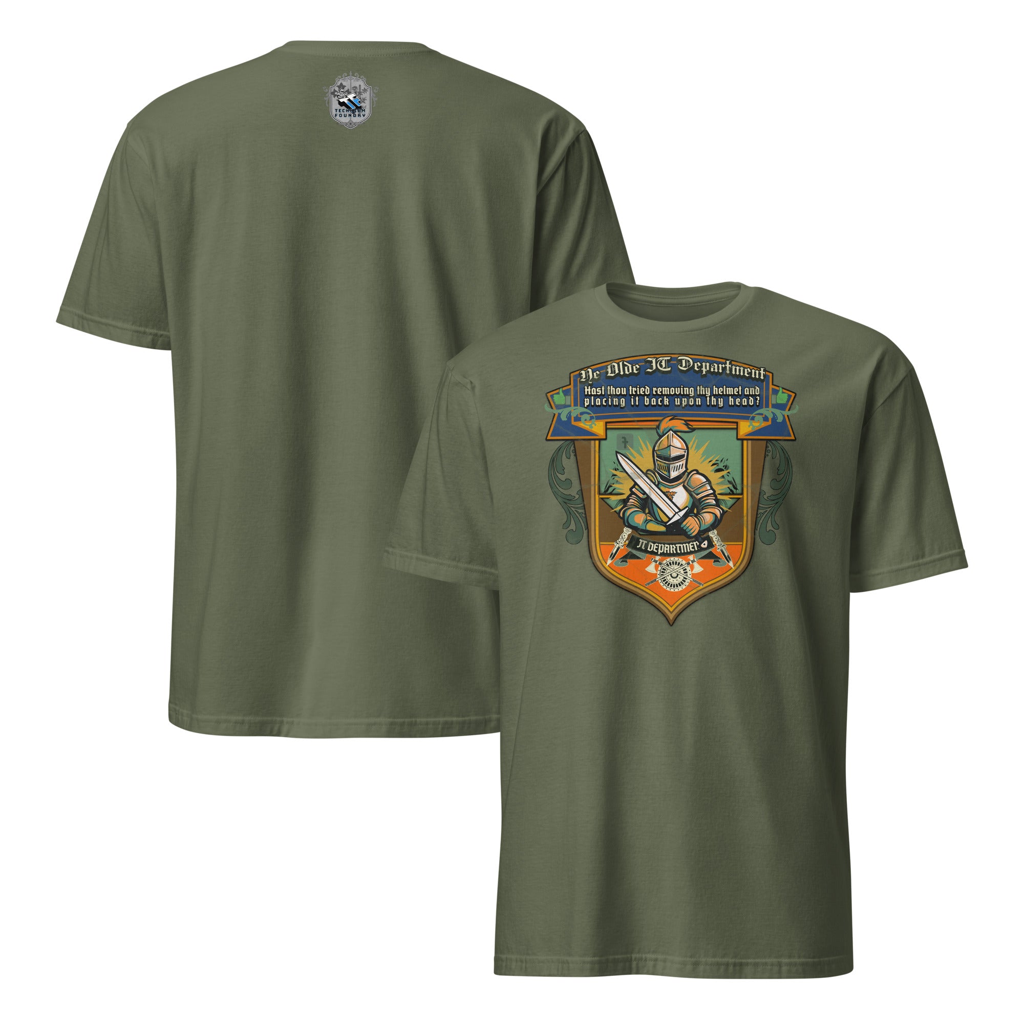 Green Ye Olde IT Department T-shirt with medieval knight humor, perfect for tech enthusiasts who love historical comedy.
